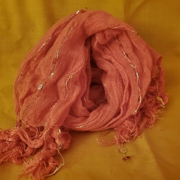 Pair of Fashion Scarves Coral Pink and Shimmering Chartreuse Green and Black - Picture 2 of 3